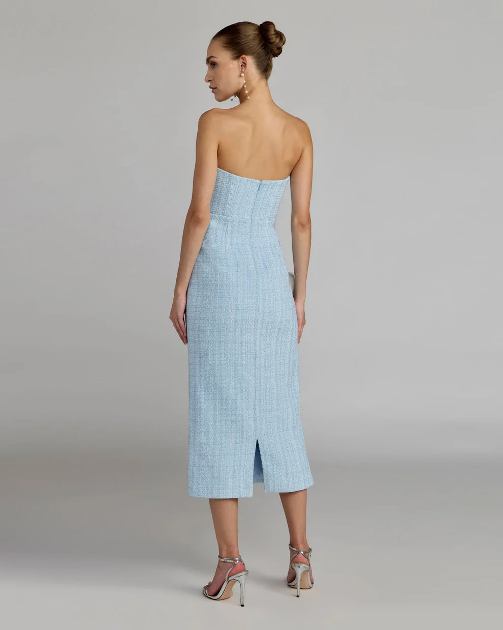 Blue Boucle Strapless 3D Floral Midi Dress Style #27831