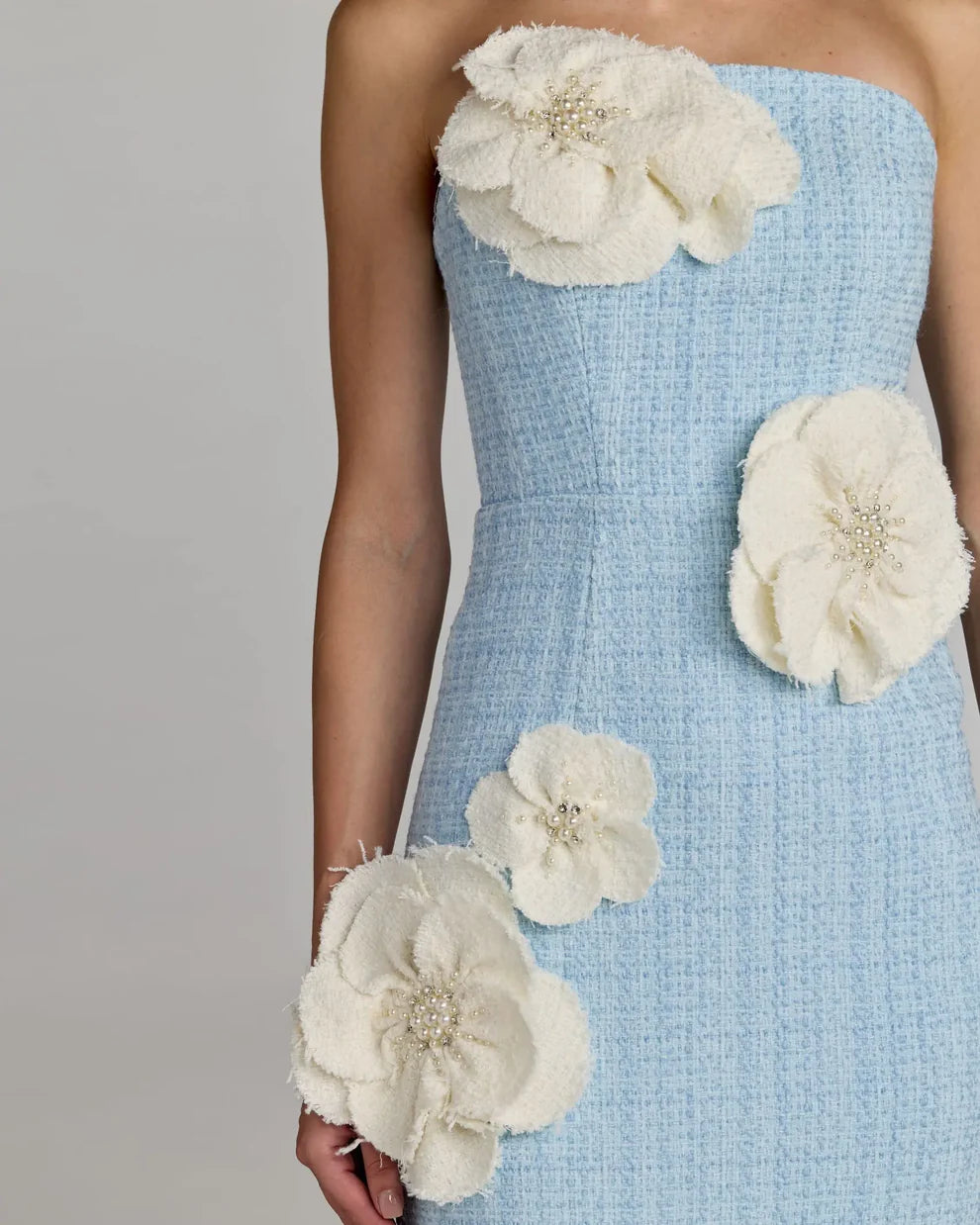 Blue Boucle Strapless 3D Floral Midi Dress Style #27831