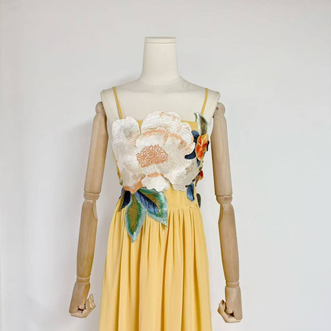 DR533Y Elegant Summer Embroidered 3D Floral Suspender Dress: Blue / English / L