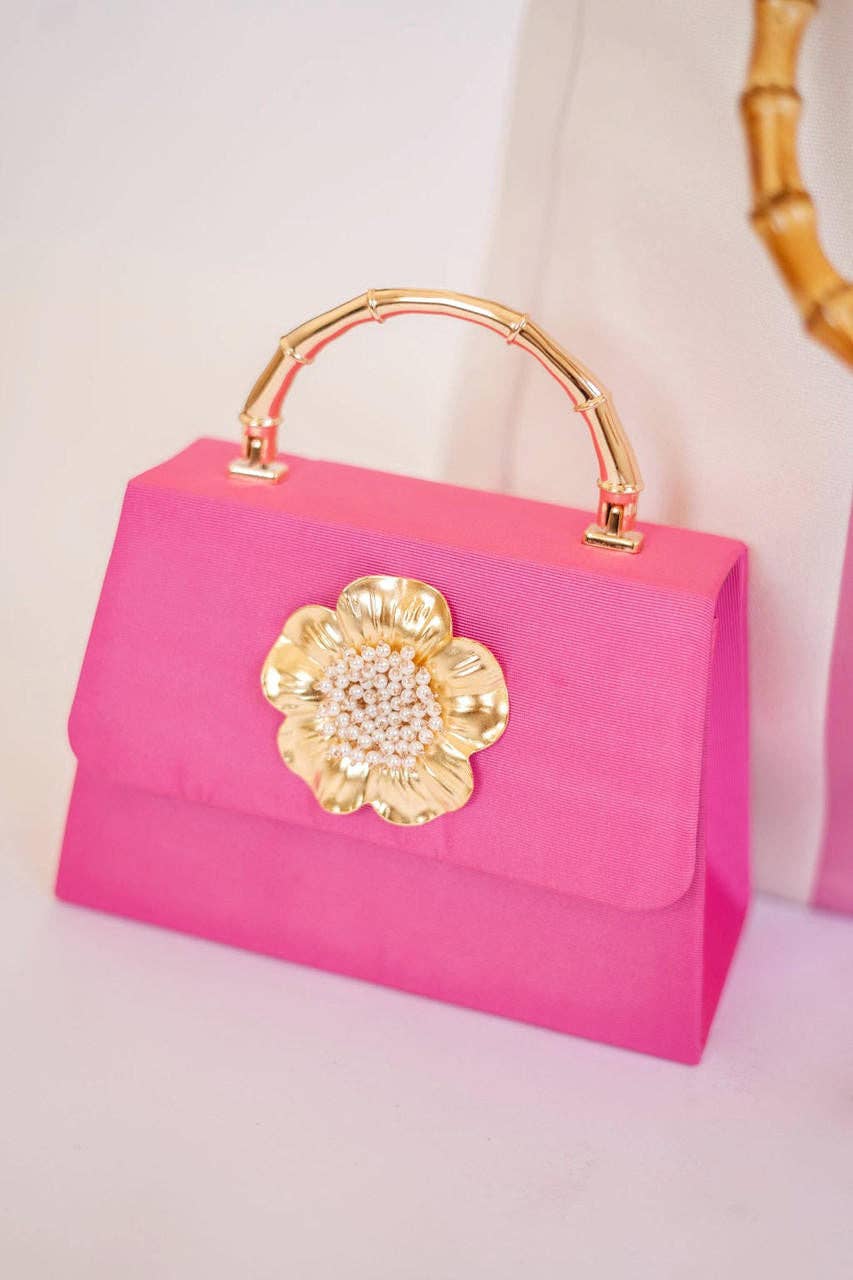 Pink Lulu with Gold Bamboo Handle - Poppy & Pearl Charm- WS