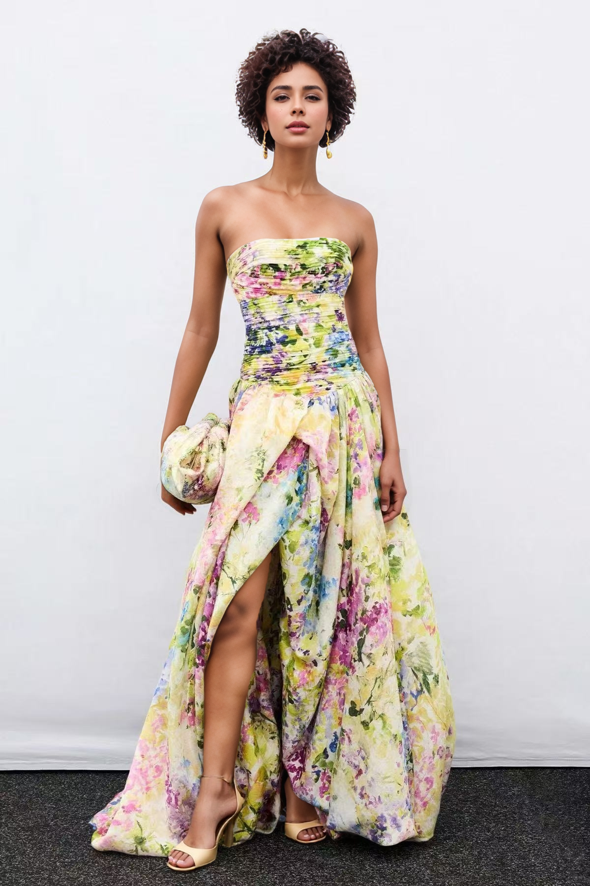 DR951Y Strapless Printed High Slit Maxi Dress for Women: Light blue / English / M