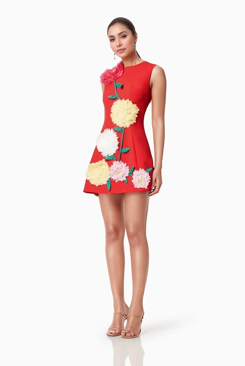 DR510Y Summer 3D Floral Embroidered Sleeveless Vest Dress: Yellow / English / M
