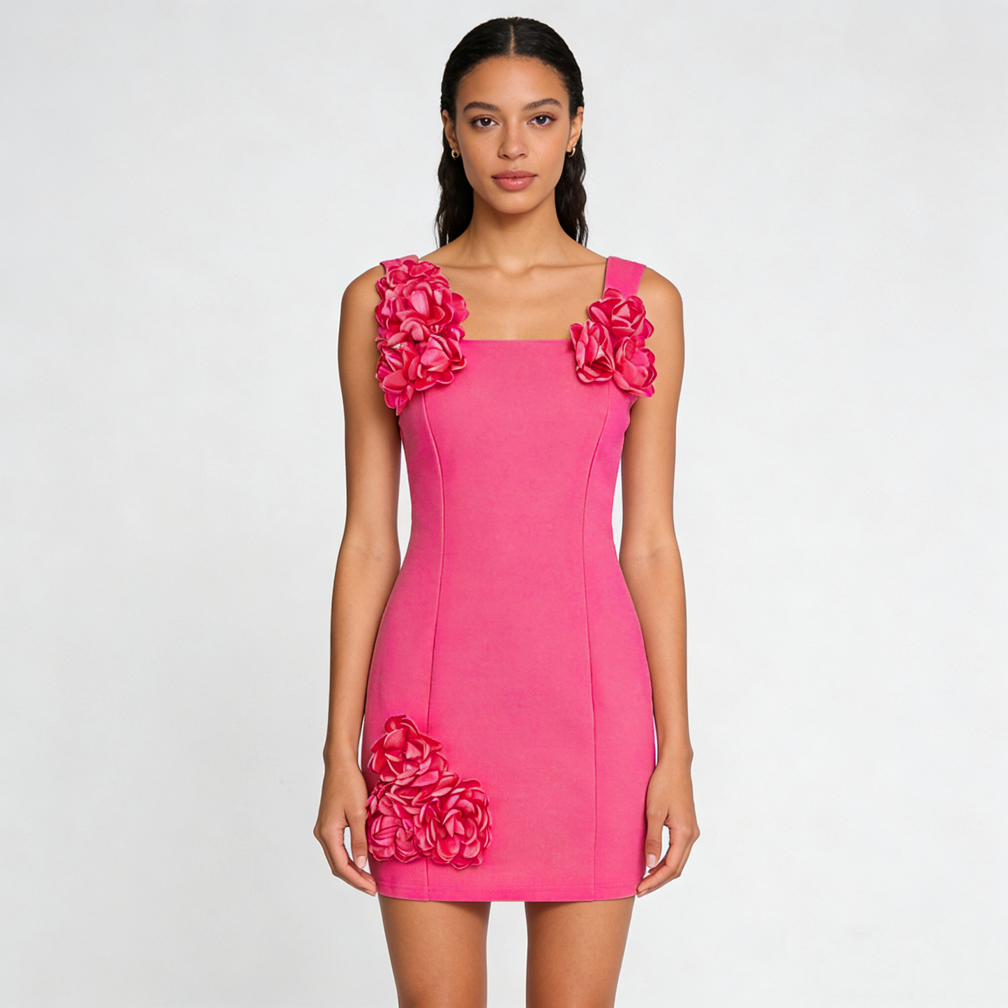 DR804 Fuchsia 3D Floral A-Line Mini Dress: Fuchsia / English / L