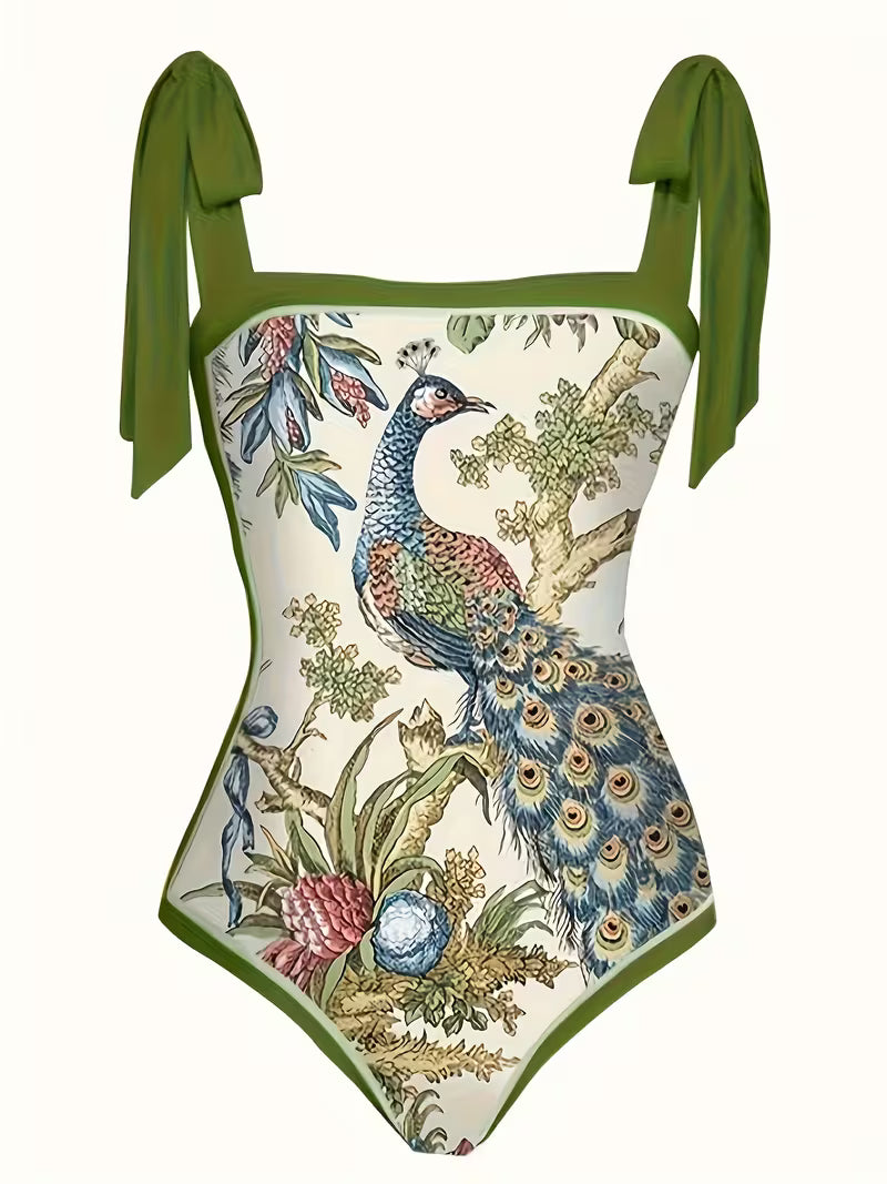Oriental bird patterned swim suit and skirt