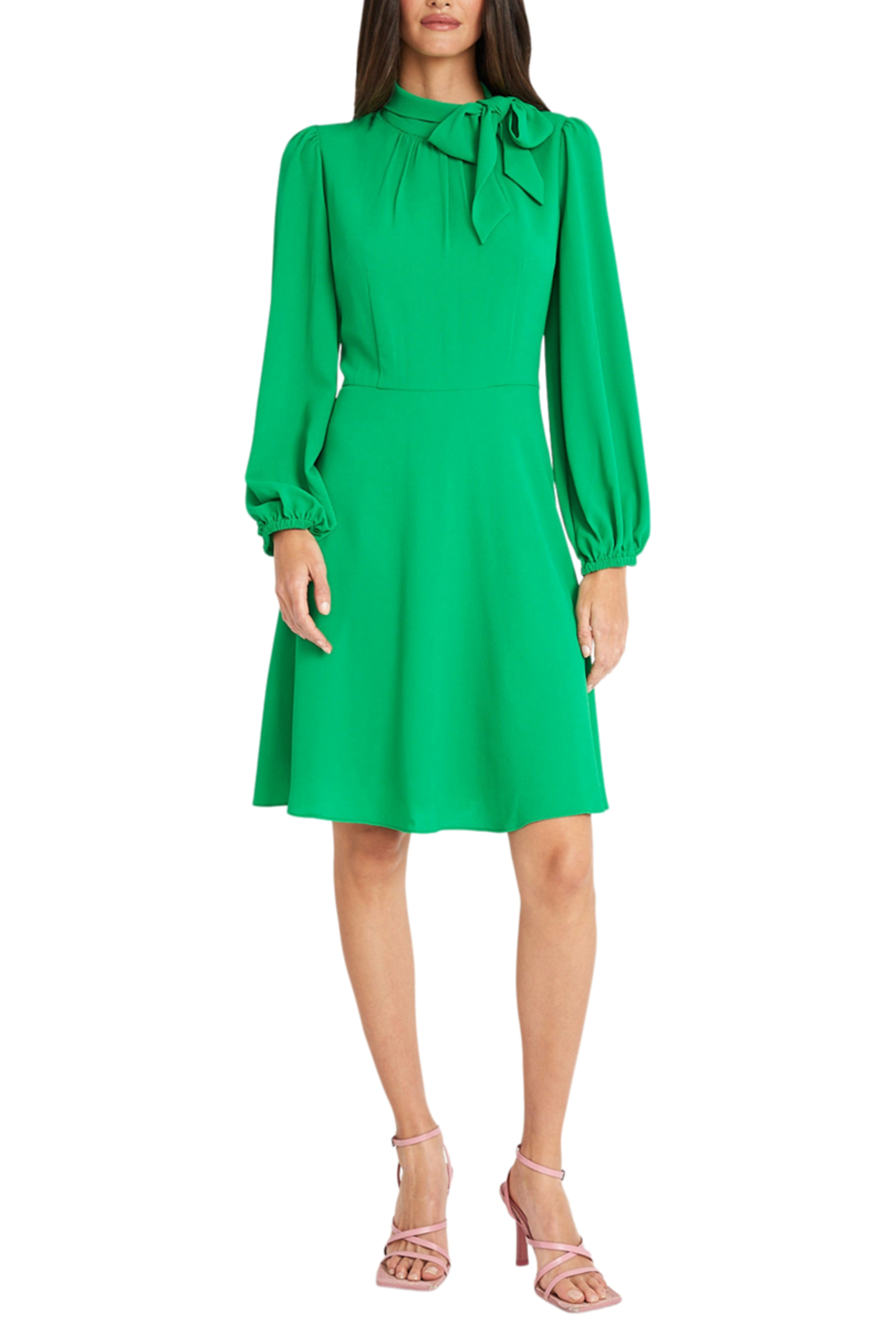 Maggy London Long Sleeve Tie-Neck Flare Dress: GOLF GREEN / 6