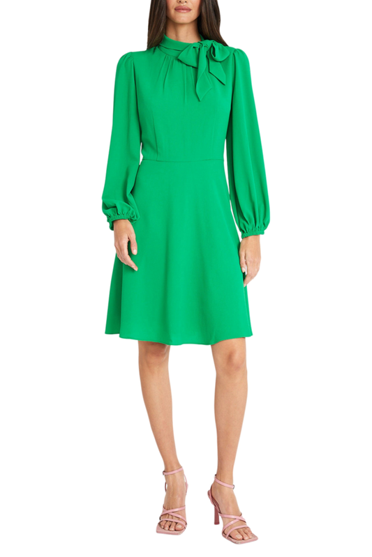 Maggy London Long Sleeve Tie-Neck Flare Dress: GOLF GREEN / 6