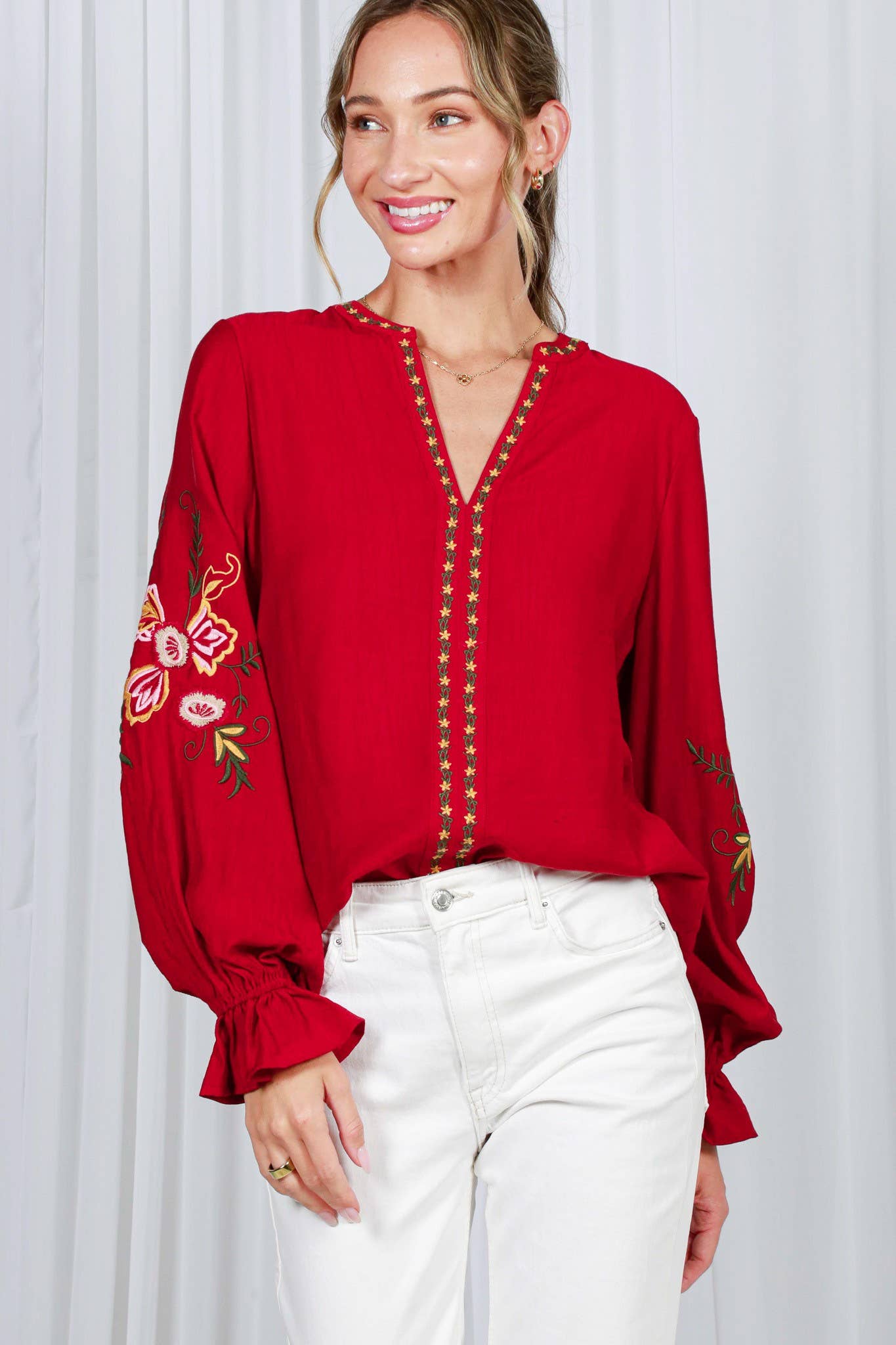 Bohemian Floral Embroidered Round Split Neck Blouse VT82505: Black / L