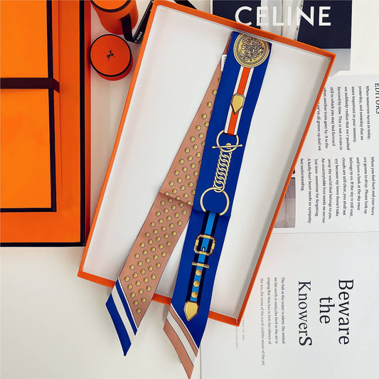 Chain Ribbon Scarf and Round Orange Gift Box: Blue