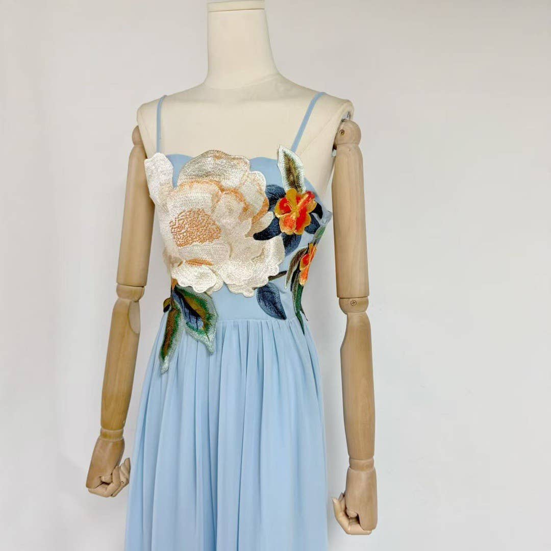 DR533Y Elegant Summer Embroidered 3D Floral Suspender Dress: Blue / English / L