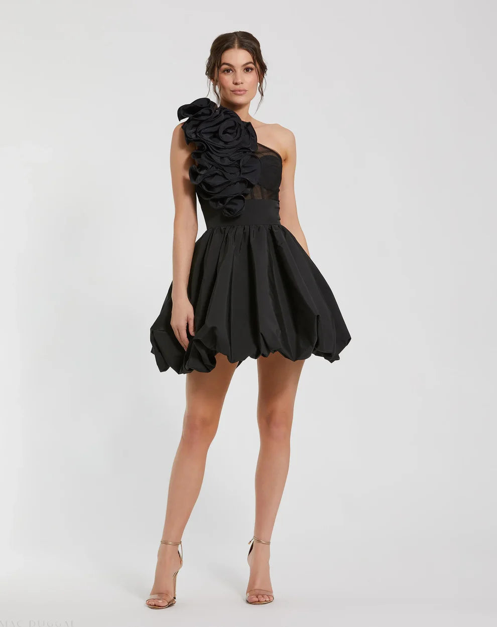 Black Taffeta One Shoulder Ruffle Bubble Mini Dress Style #49858