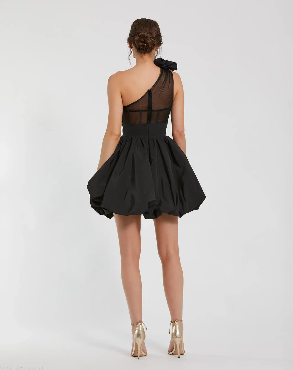 Black Taffeta One Shoulder Ruffle Bubble Mini Dress Style #49858