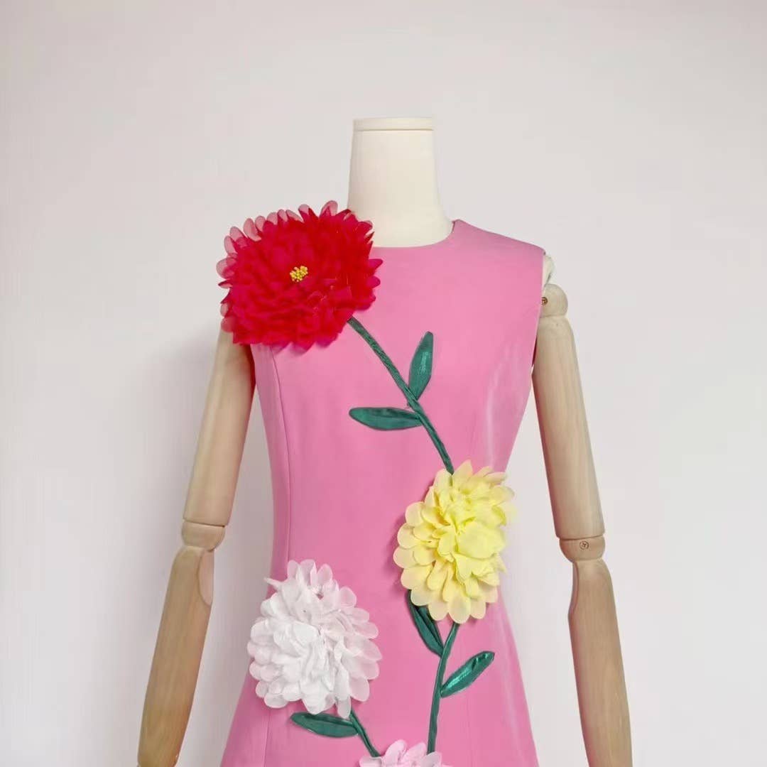 DR510Y Summer 3D Floral Embroidered Sleeveless Vest Dress: Yellow / English / M