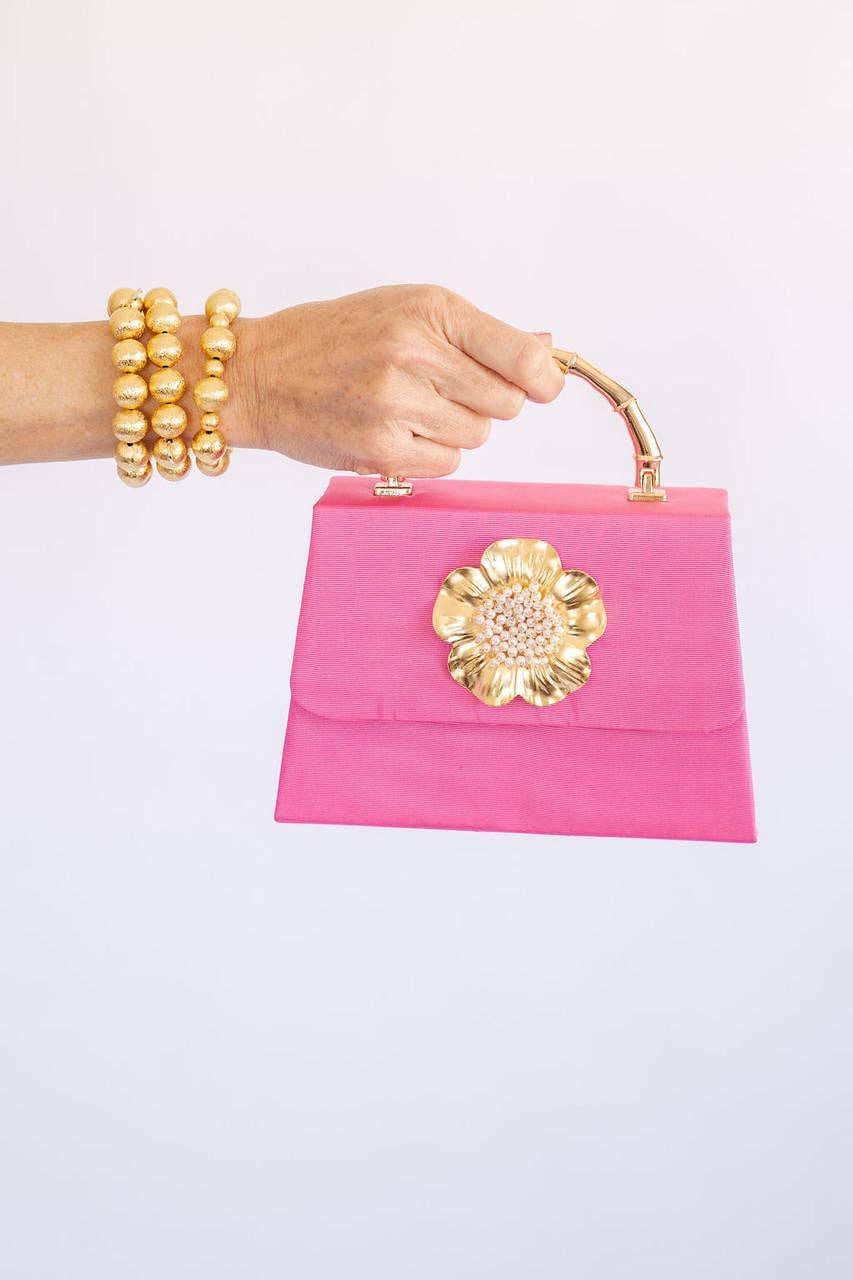 Pink Lulu with Gold Bamboo Handle - Poppy & Pearl Charm- WS