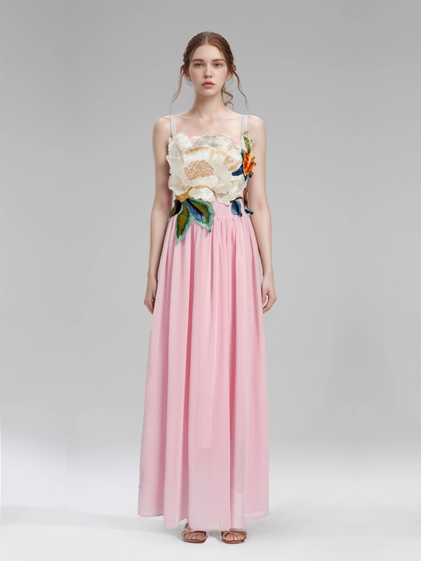 DR533Y Elegant Summer Embroidered 3D Floral Suspender Dress: Blue / English / L