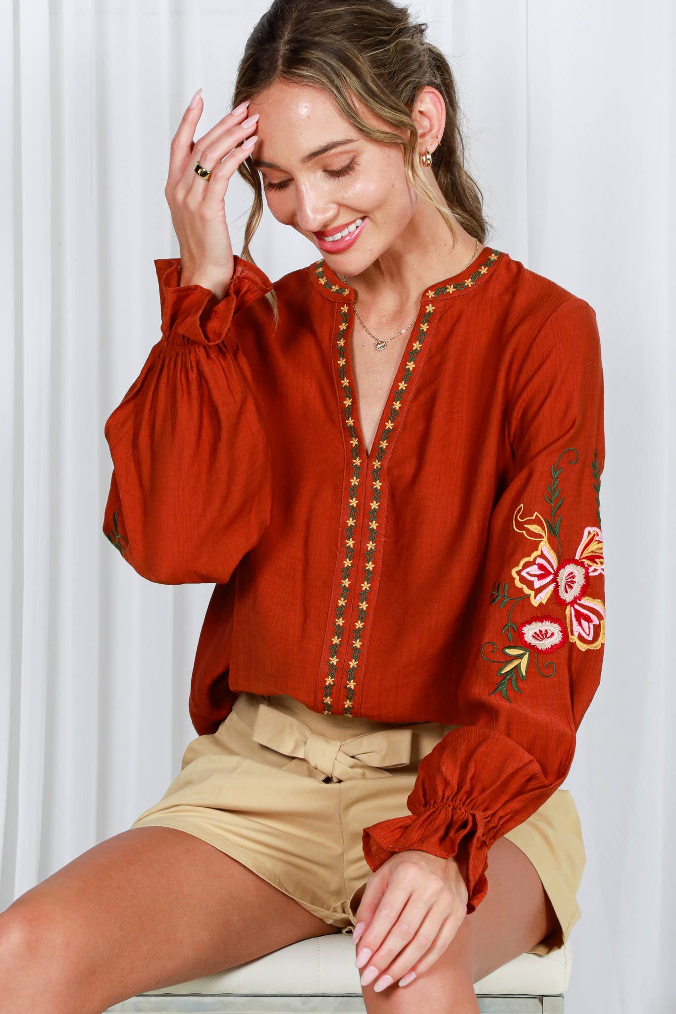 Bohemian Floral Embroidered Round Split Neck Blouse VT82505: Black / M