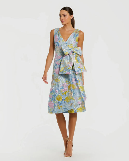 Blue Floral Brocade Sleeveless Midi Dress With Bow Style #56104