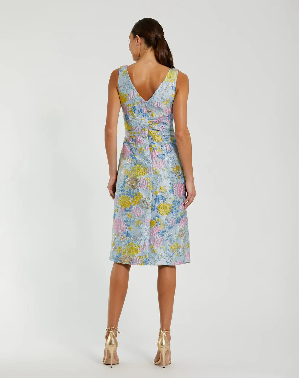 Blue Floral Brocade Sleeveless Midi Dress With Bow Style #56104