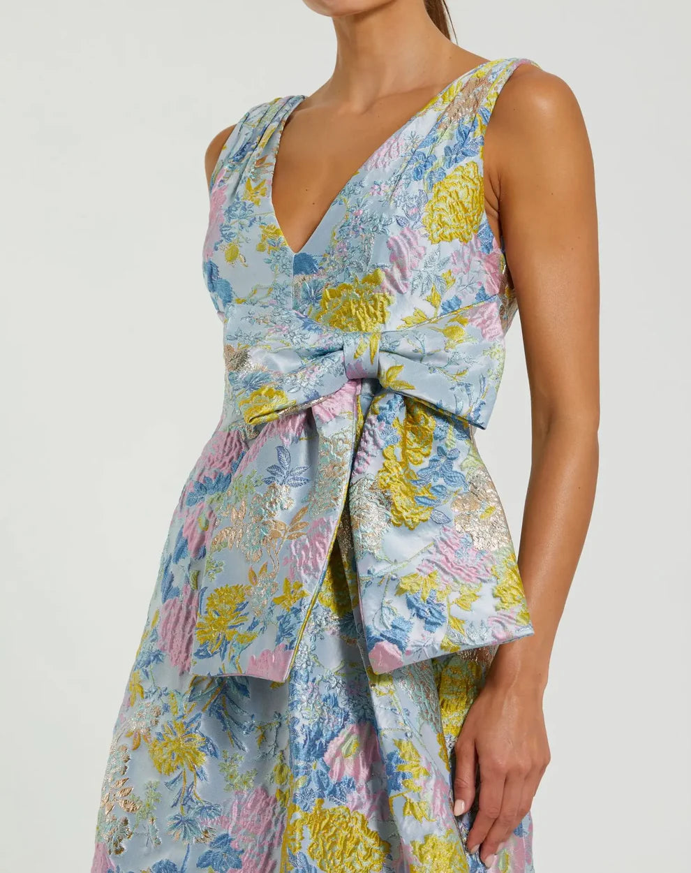Blue Floral Brocade Sleeveless Midi Dress With Bow Style #56104