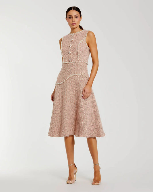 Light Pink Boucle Sleeveless Button Up Midi Dress Style #56172
