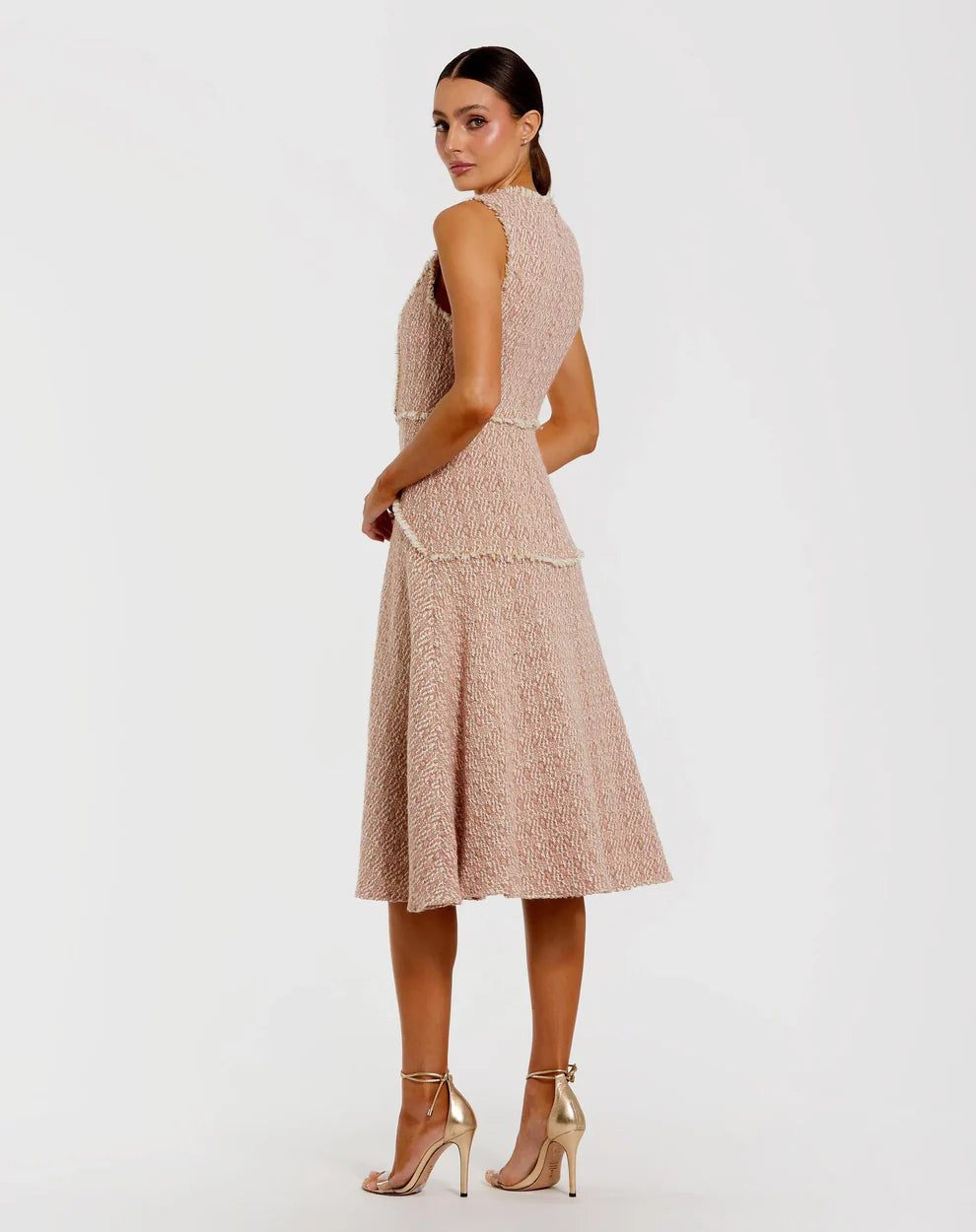Light Pink Boucle Sleeveless Button Up Midi Dress Style #56172