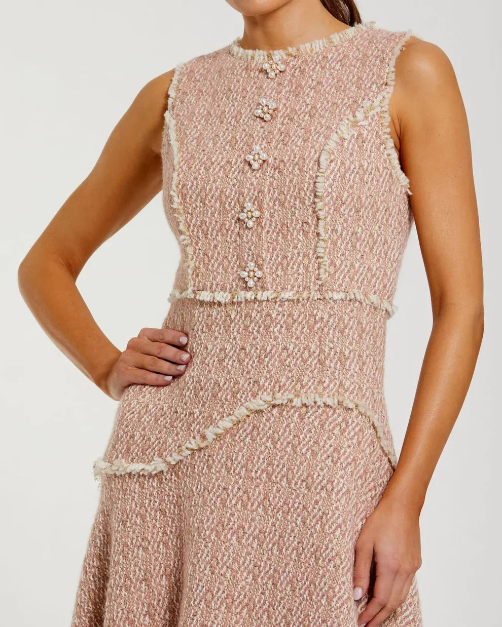 Light Pink Boucle Sleeveless Button Up Midi Dress Style #56172