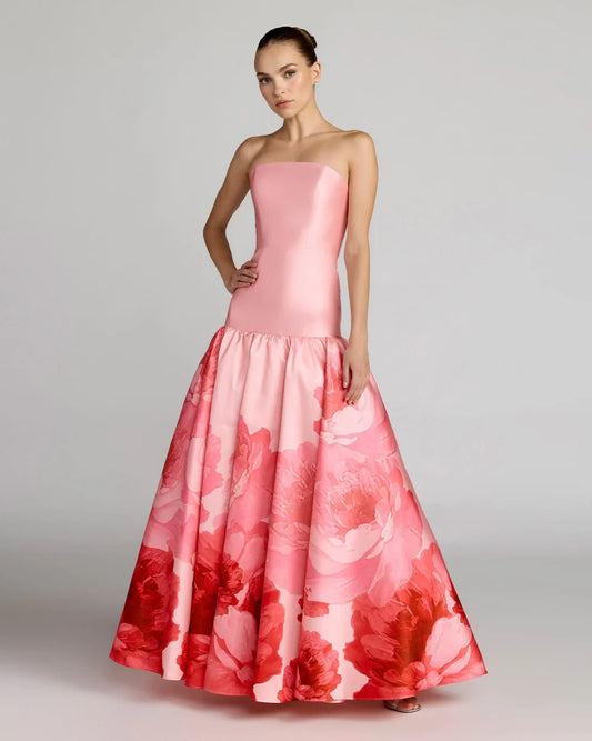 Pink Printed Mikado Strapless Drop Waist Ball Gown Style #56343