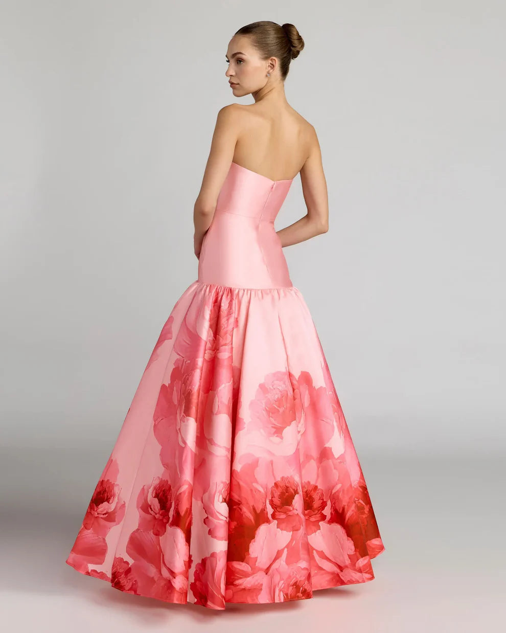 Pink Printed Mikado Strapless Drop Waist Ball Gown Style #56343