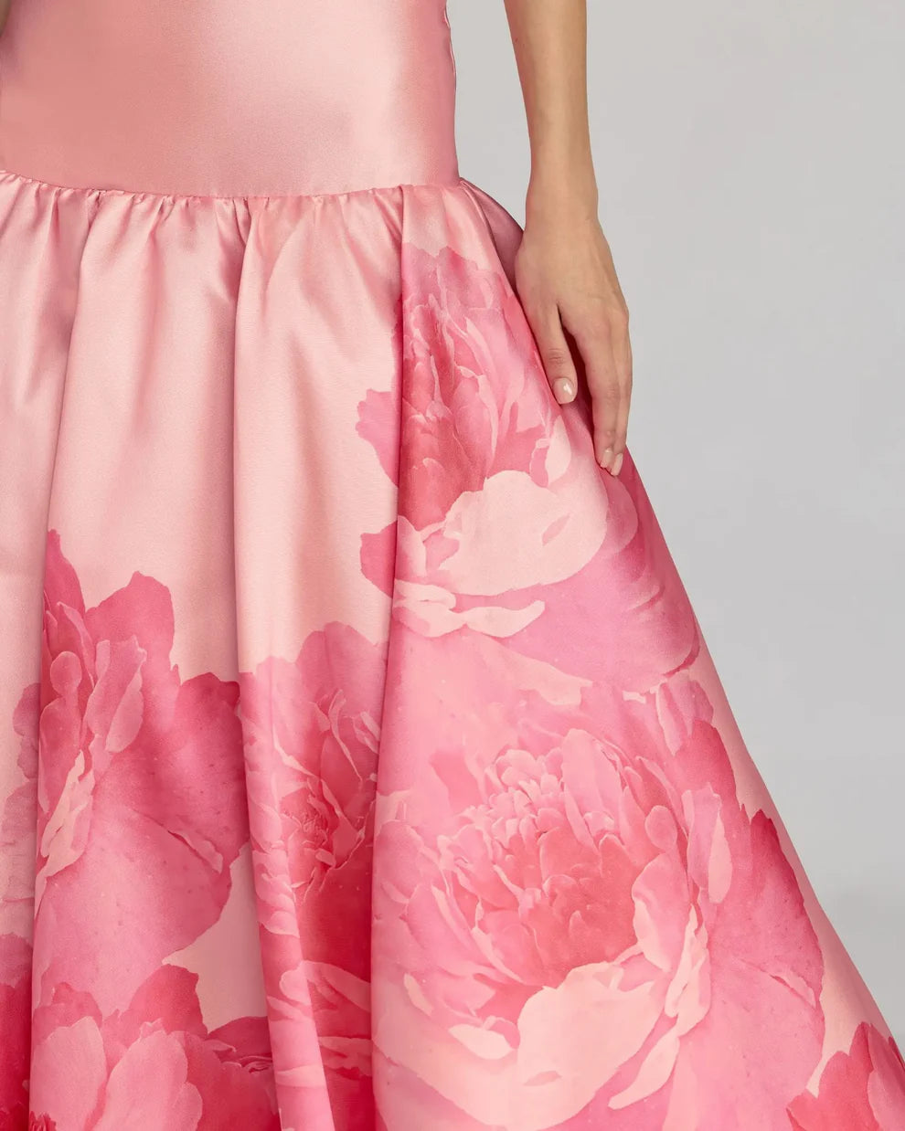 Pink Printed Mikado Strapless Drop Waist Ball Gown Style #56343
