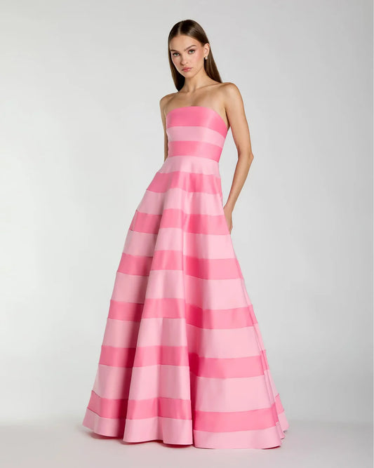 Pink Striped Strapless Satin Ballgown With Pockets Style #56353