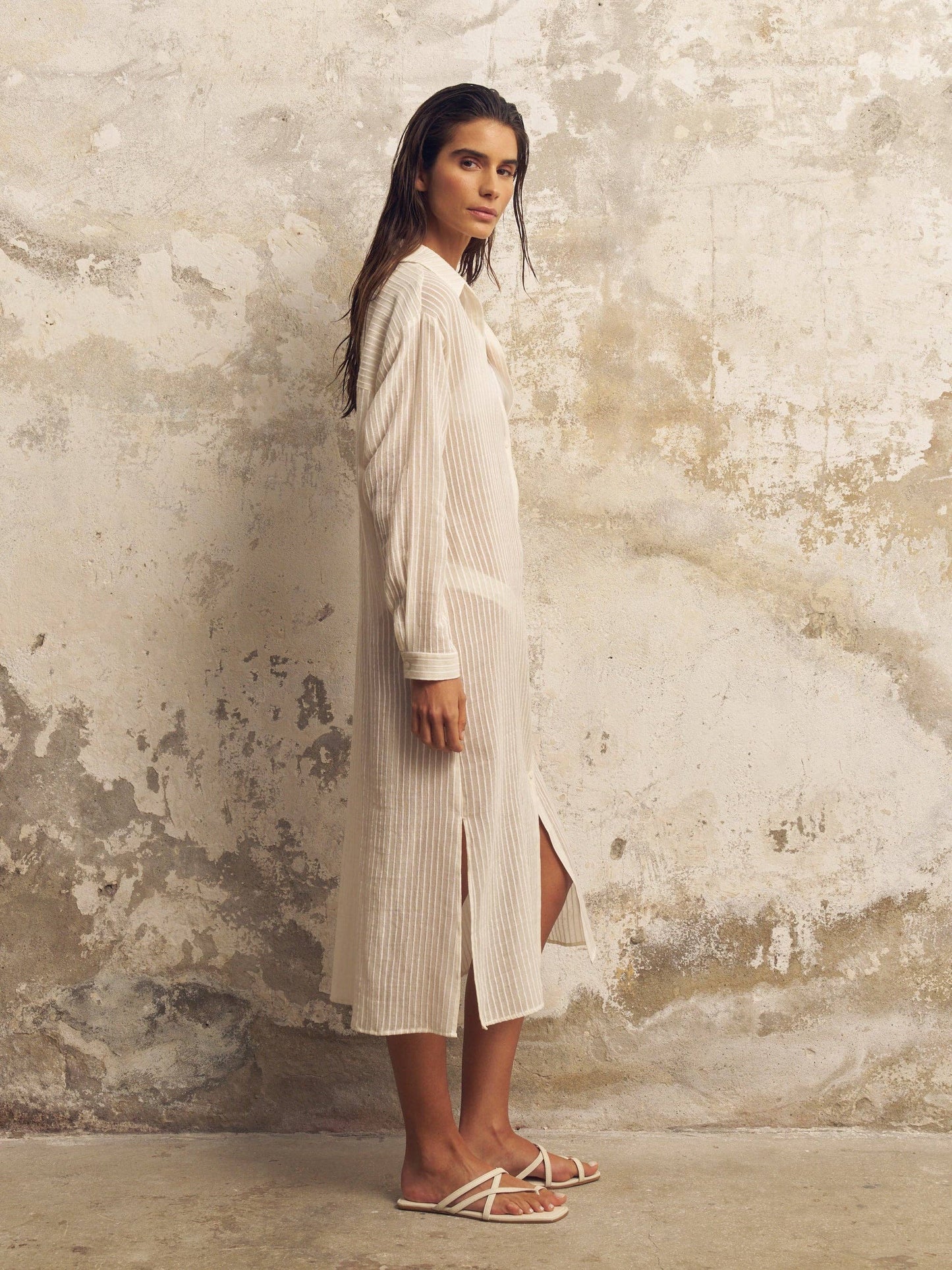 Handloom   |    Voyage Shirt Dress - White Stripes- One Size