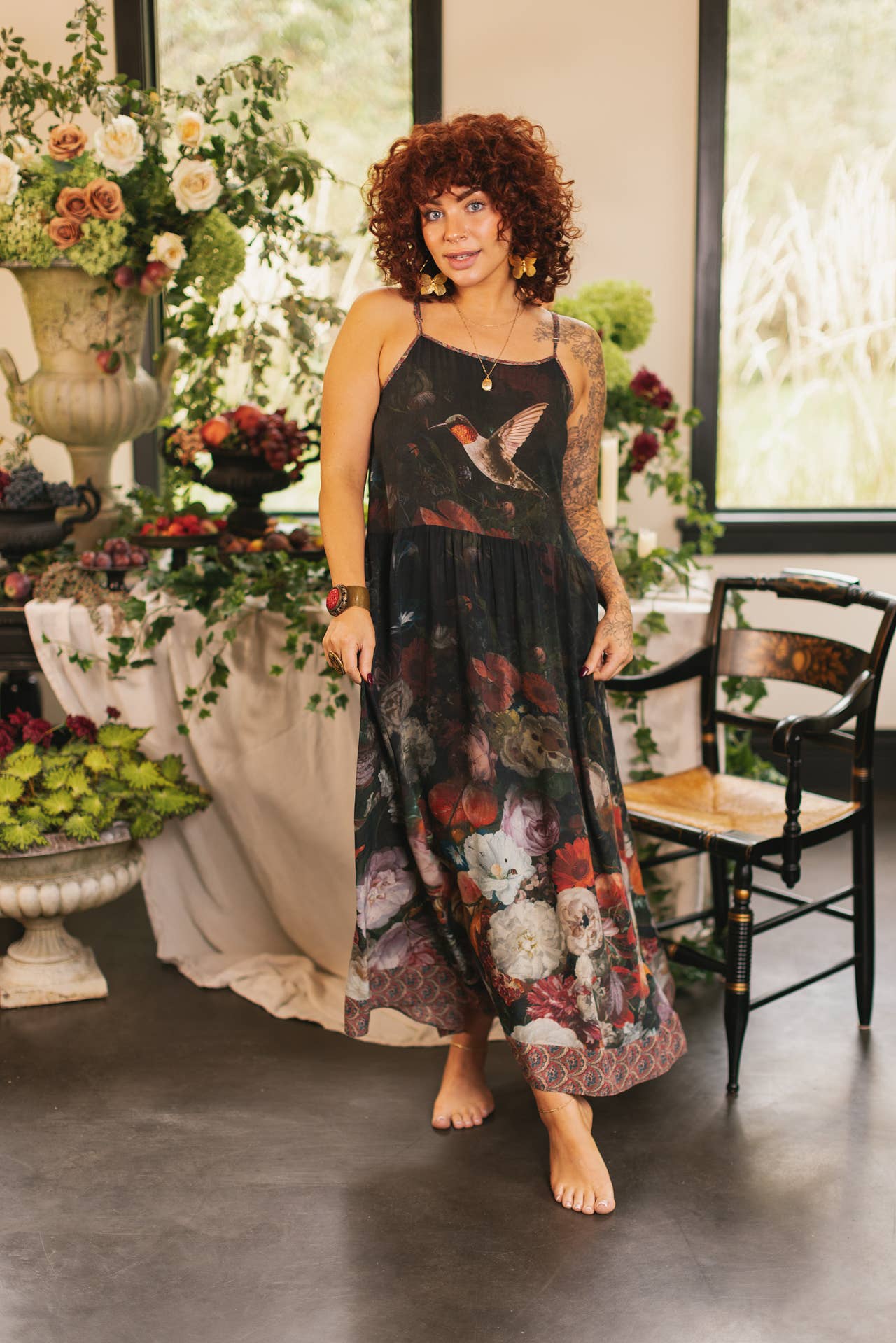 Flight of Fancy Bohéme Long Maxi Slip Dress w/Hummingbirds: S/M (fits approx. size 6-10)