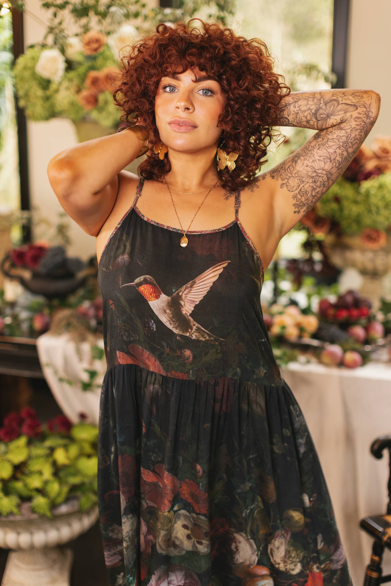 Flight of Fancy Bohéme Long Maxi Slip Dress w/Hummingbirds: L/XL (fits approx. size 12-16)