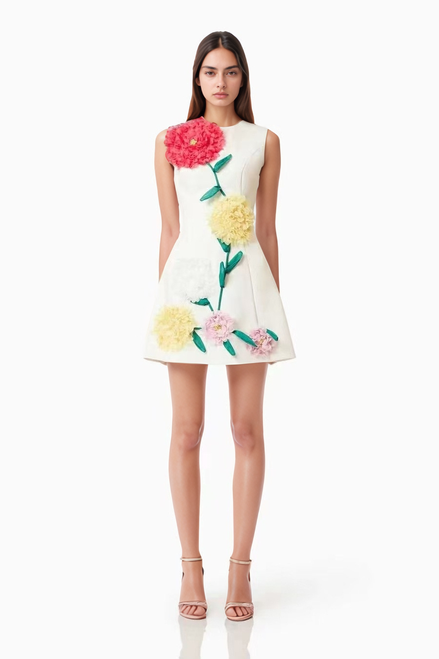DR510Y Summer 3D Floral Embroidered Sleeveless Vest Dress: Yellow / English / M