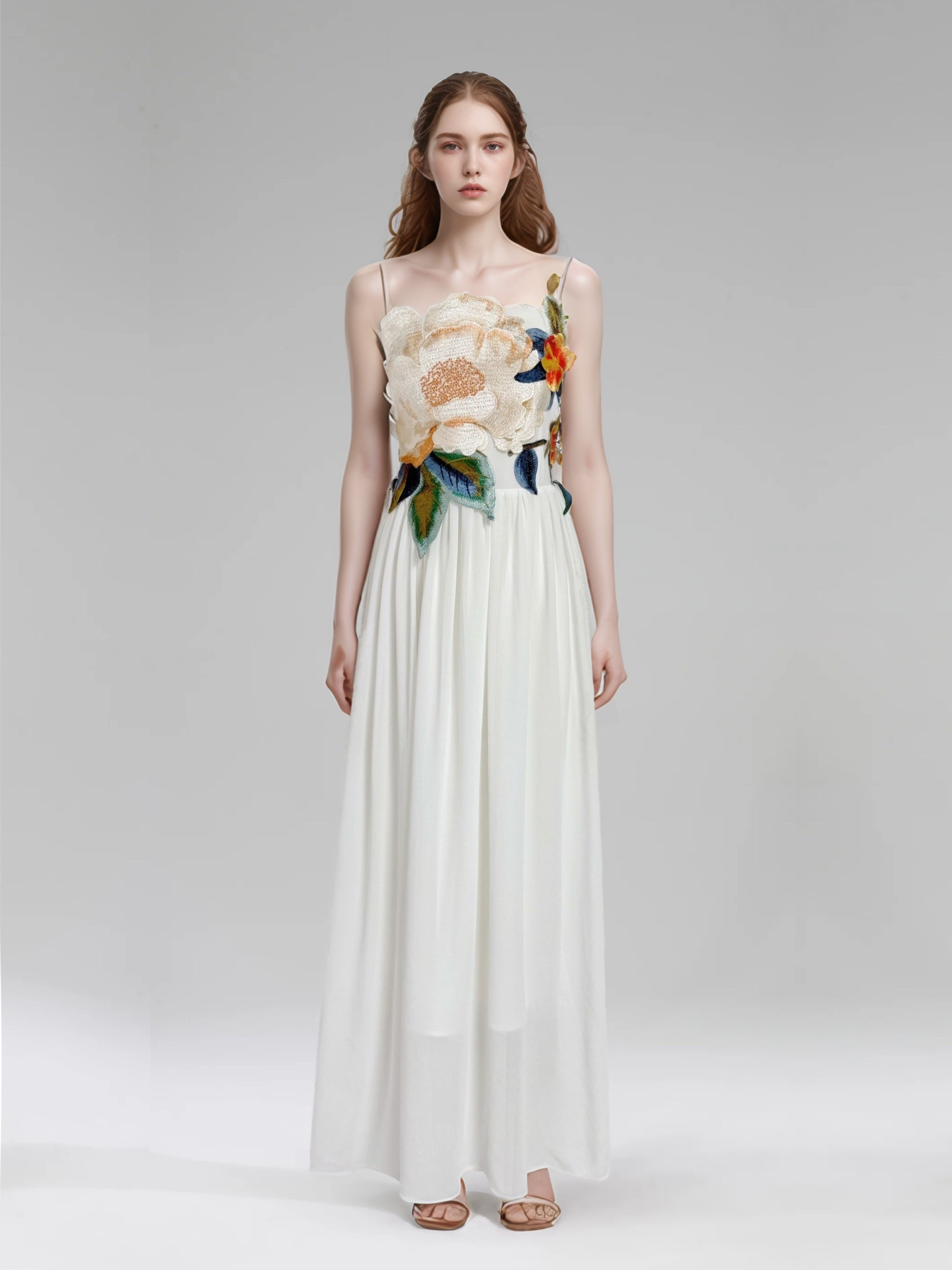 DR533Y Elegant Summer Embroidered 3D Floral Suspender Dress: White / English / M