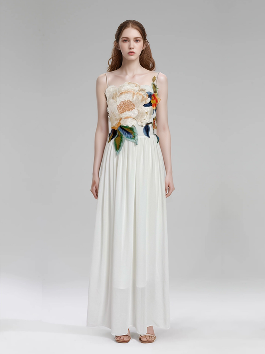 DR533Y Elegant Summer Embroidered 3D Floral Suspender Dress: White / English / M