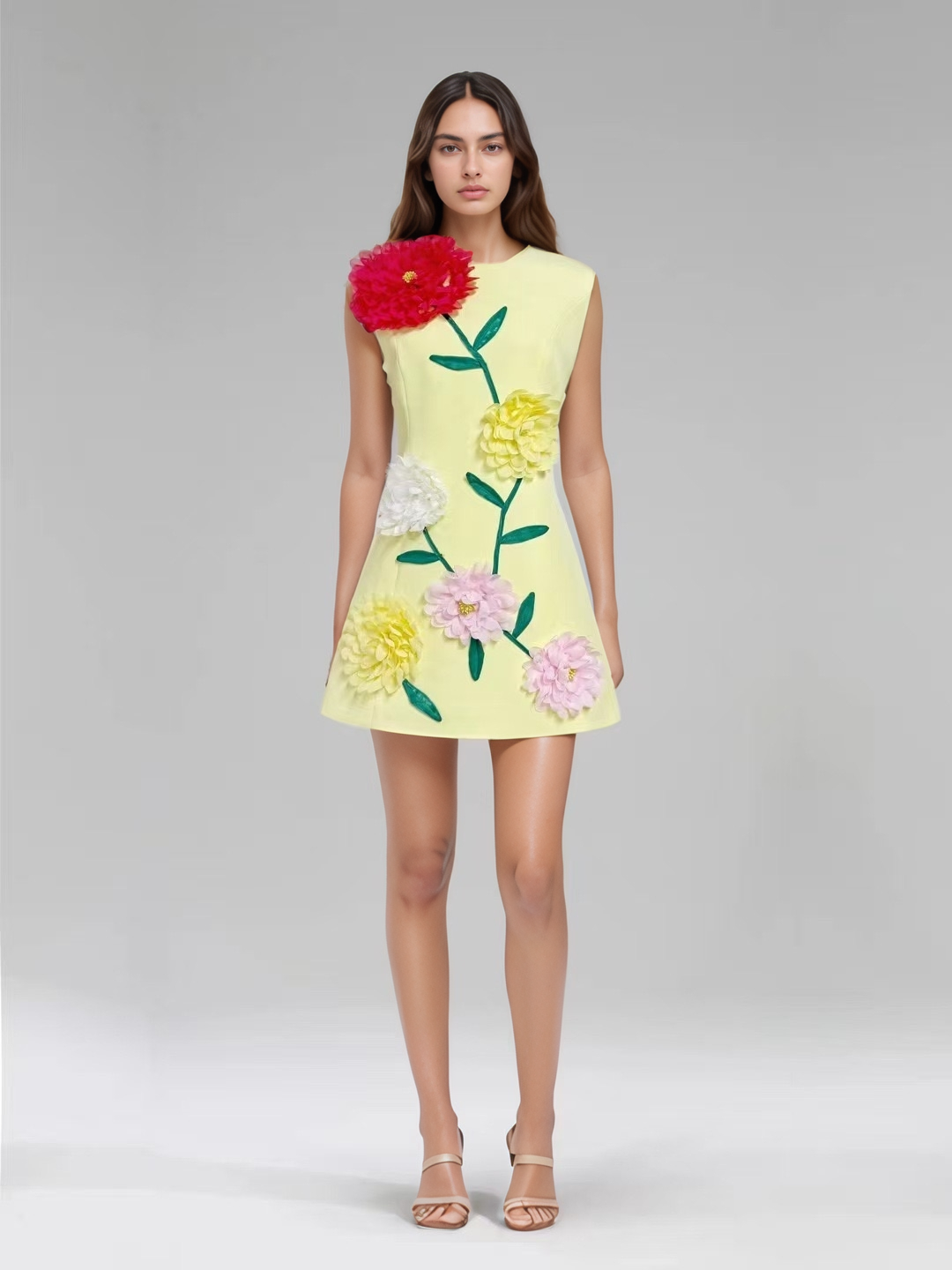 DR510Y Summer 3D Floral Embroidered Sleeveless Vest Dress: Yellow / English / M