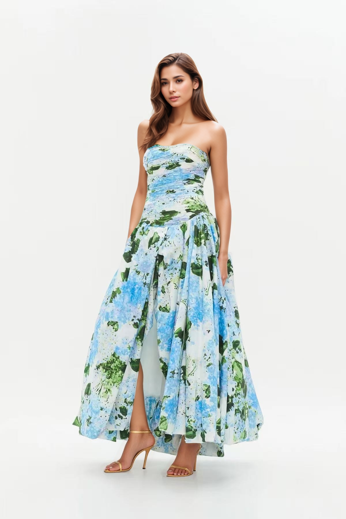 DR951Y Strapless Printed High Slit Maxi Dress for Women: Blue / English / M