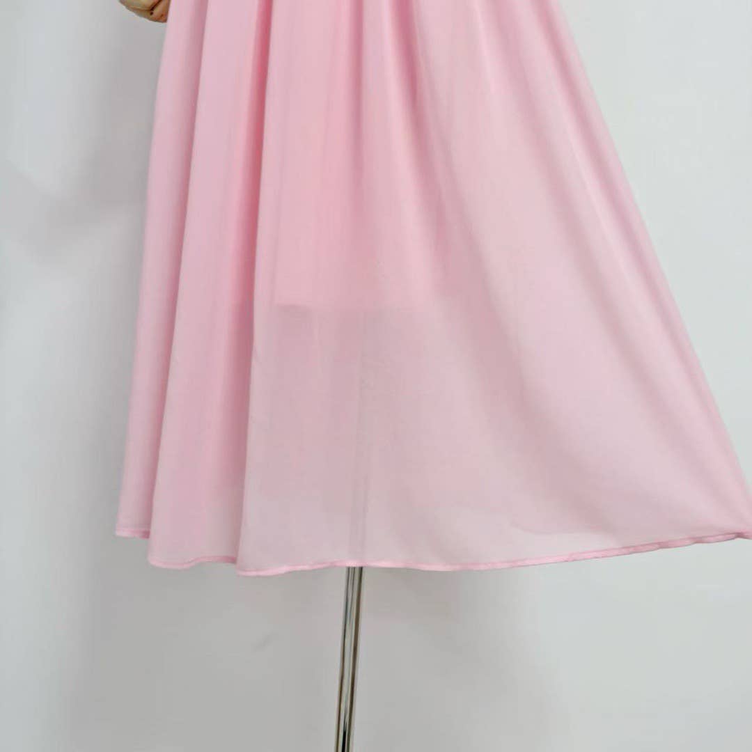 DR533Y Elegant Summer Embroidered 3D Floral Suspender Dress: Pink / English / L
