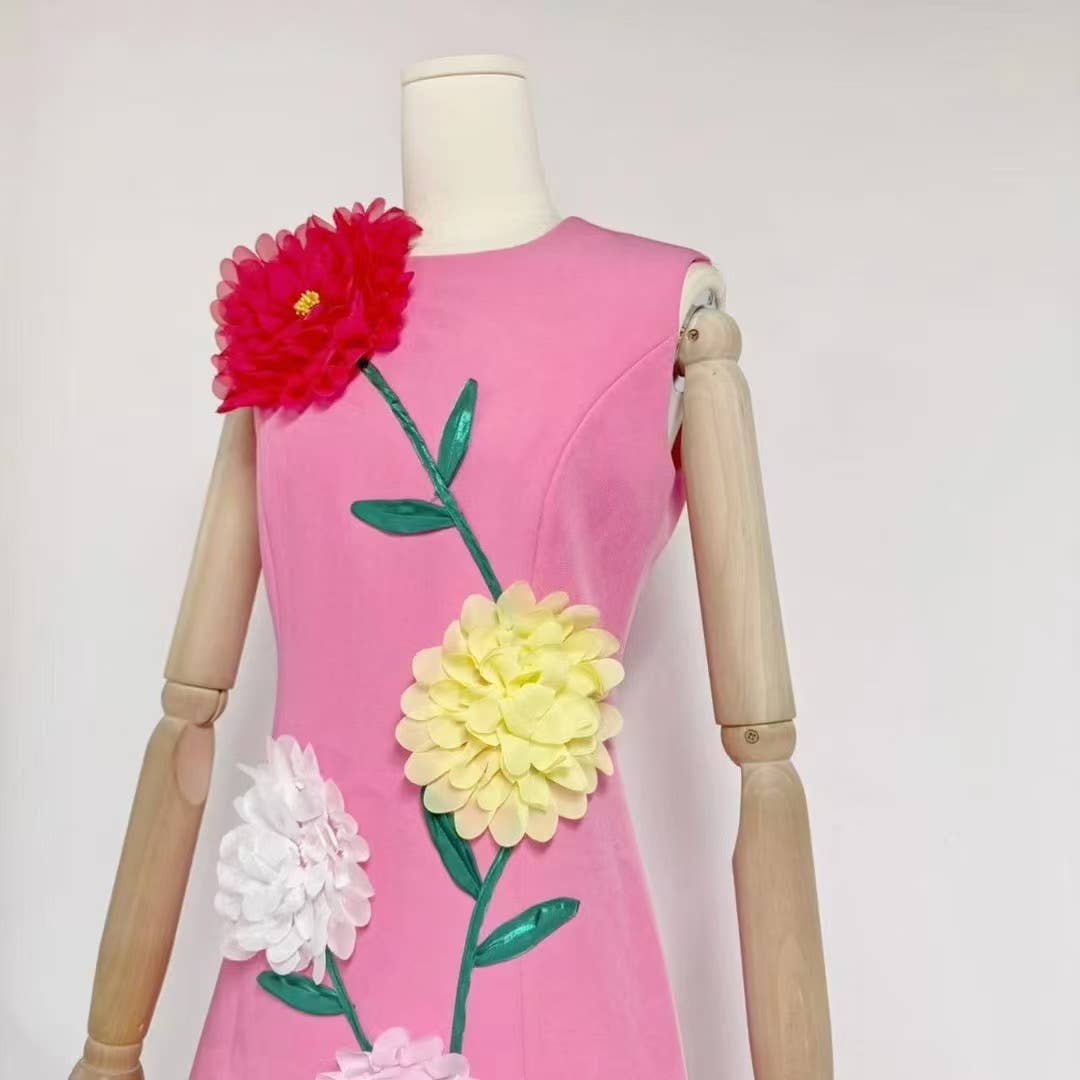 DR510Y Summer 3D Floral Embroidered Sleeveless Vest Dress: Yellow / English / M