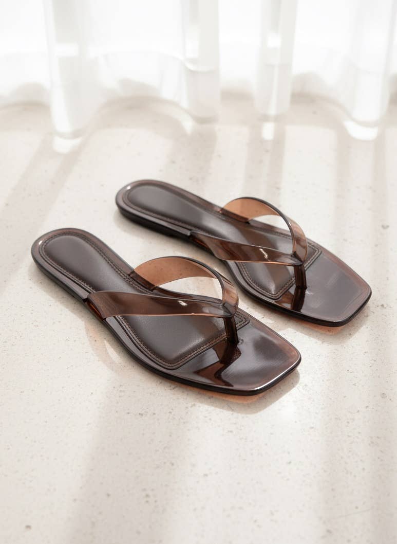 ROME-01 Jelly Thong Sandals Square Toe Clear Trend Flats: SMOKE / B18