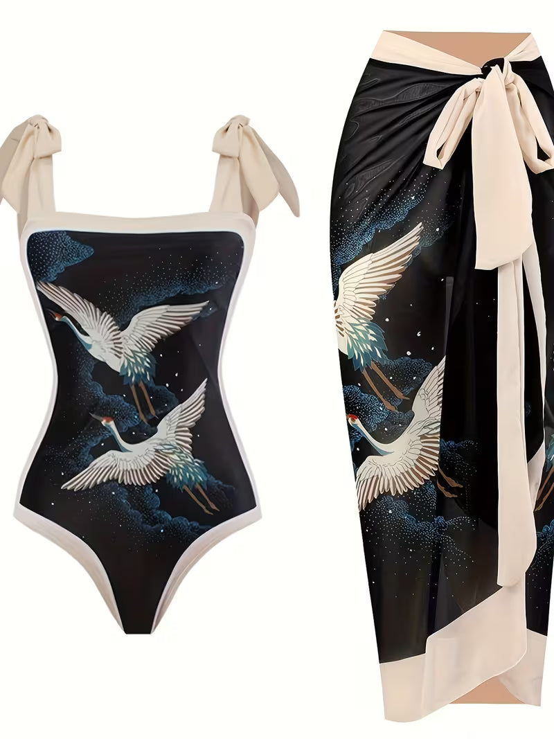 Oriental bird patterned swim suit and skirt