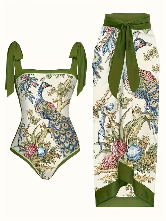 Oriental bird patterned swim suit and skirt