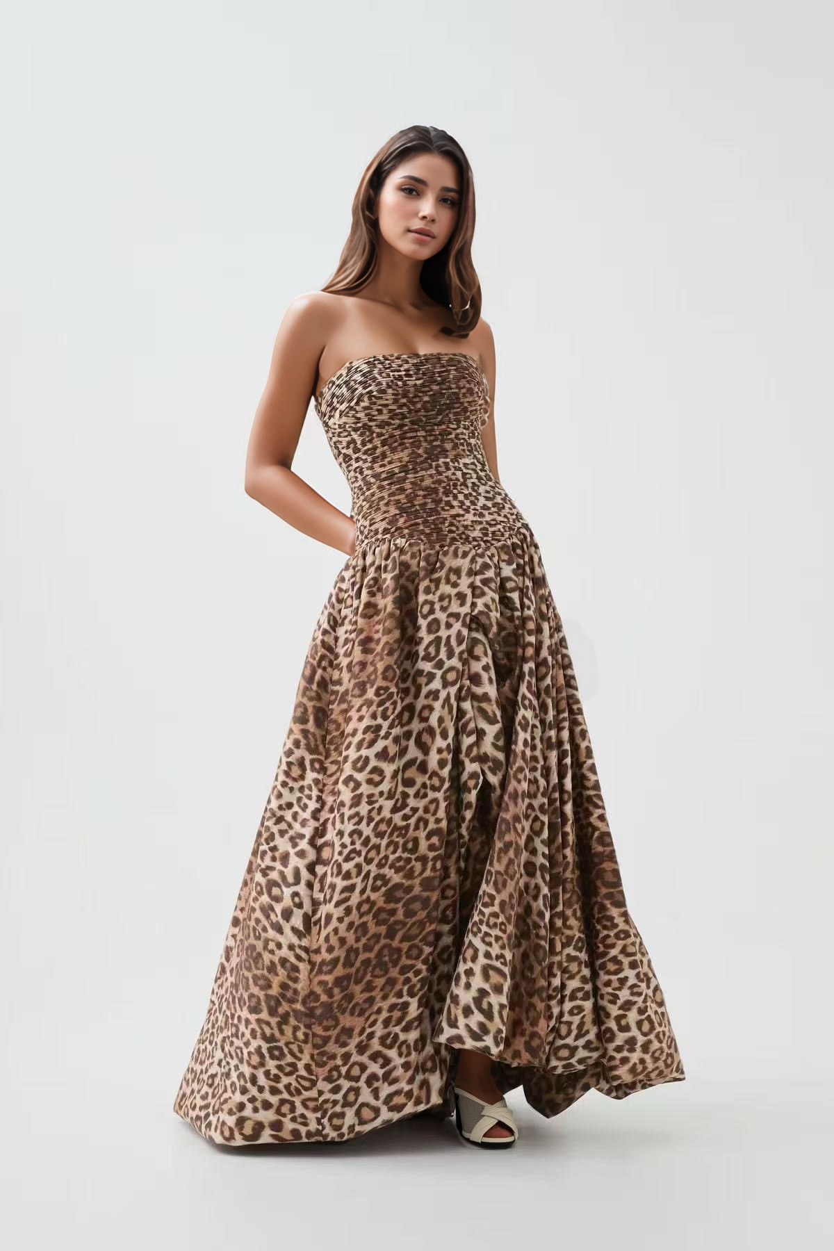 DR951Y Strapless Printed High Slit Maxi Dress for Women: Red / English / M