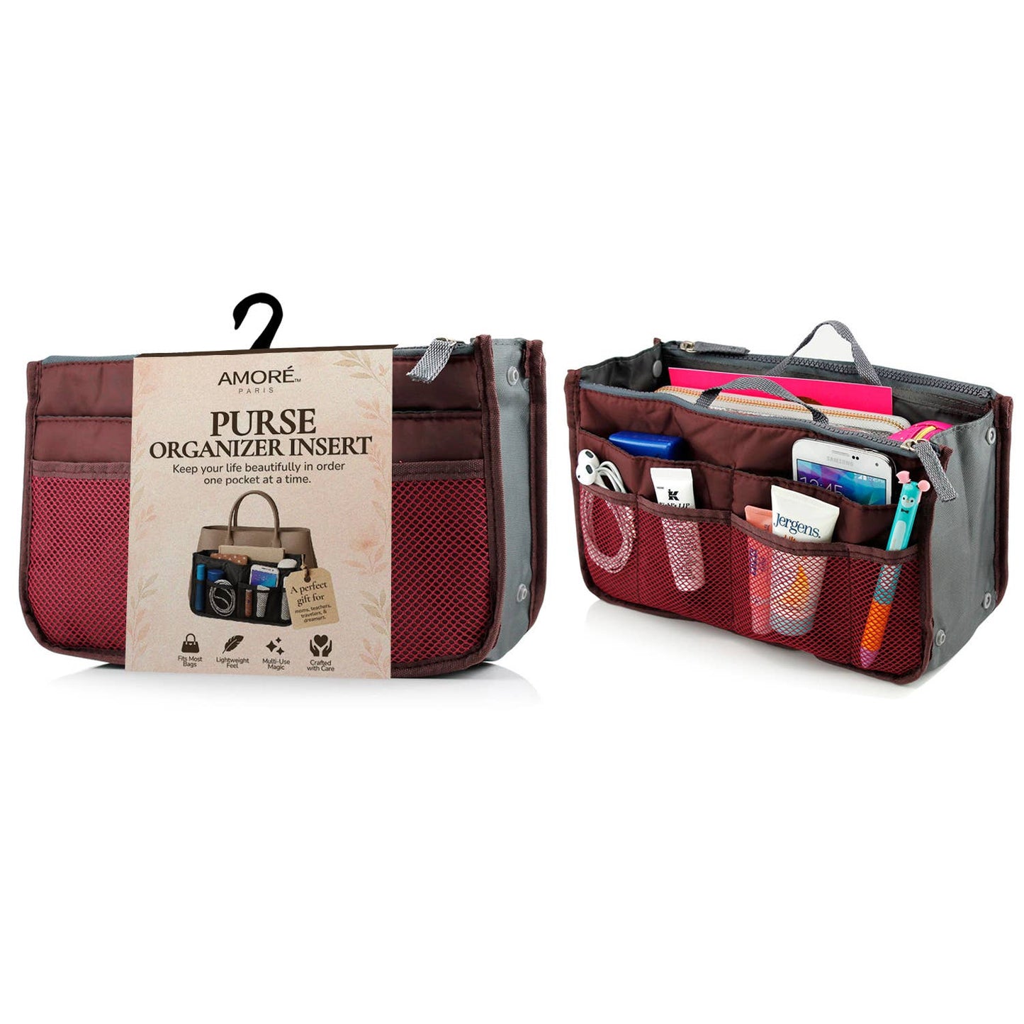 Travel Tote Handbag/Purse Insert Cosmetic Organizer: Red