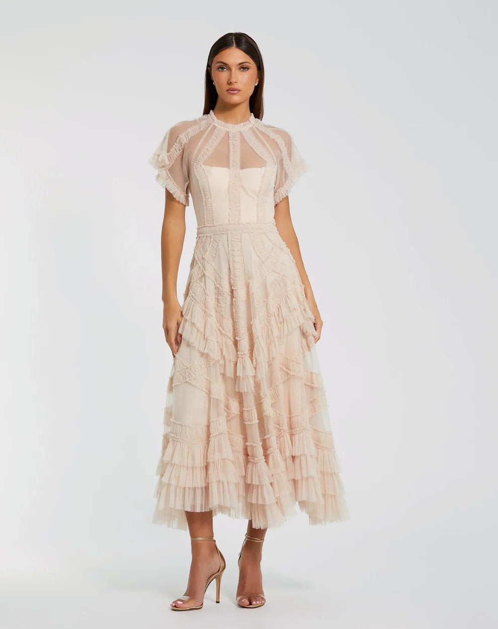 Pink Flutter Sleeve Micro Ruffle Midi Dress Style #8249