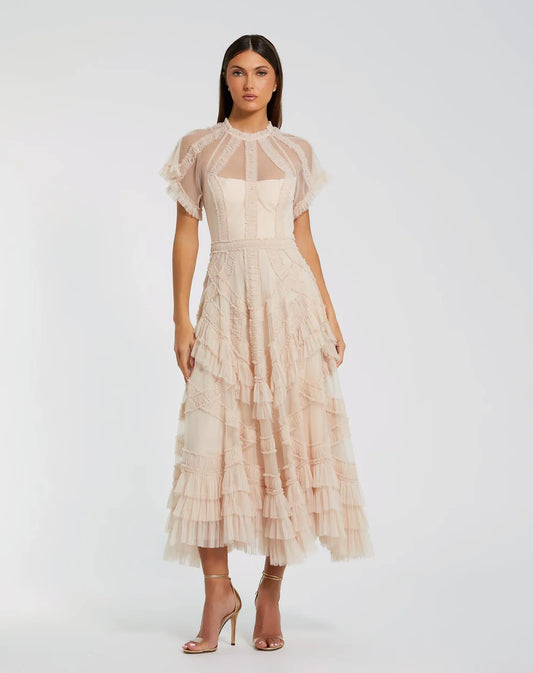 Pink Flutter Sleeve Micro Ruffle Midi Dress Style #8249