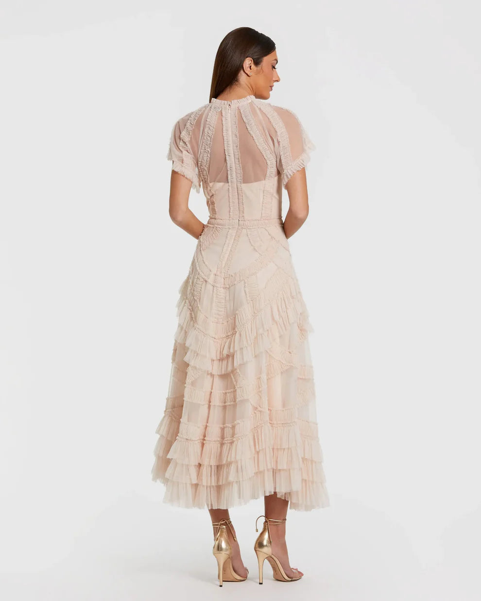 Pink Flutter Sleeve Micro Ruffle Midi Dress Style #8249