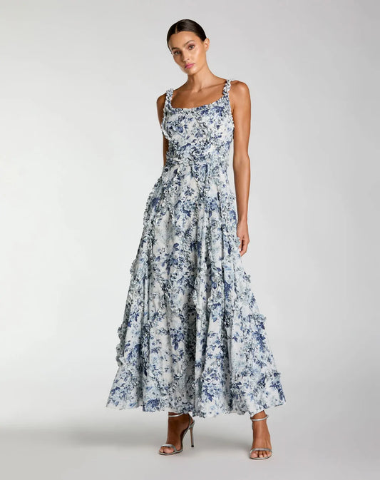 Blue and White Ruffle Scoop Neck Floral A-Line Dress Style #8256