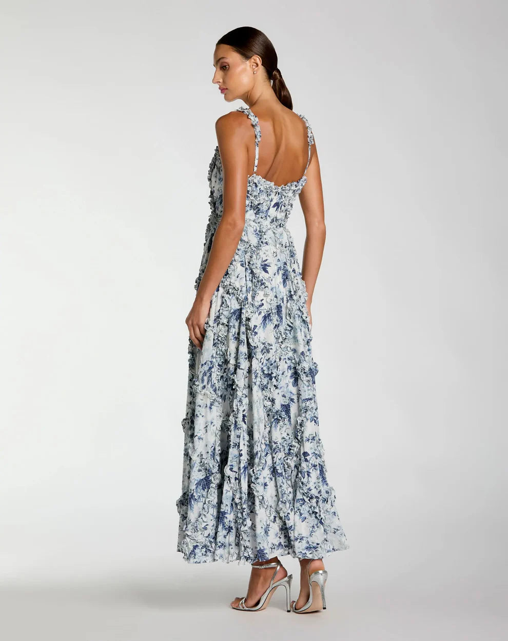 Blue and White Ruffle Scoop Neck Floral A-Line Dress Style #8256