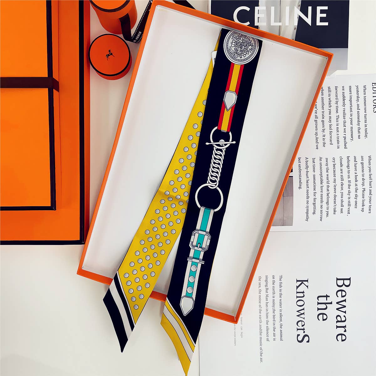 Chain Ribbon Scarf and Round Orange Gift Box: Black